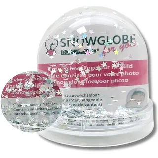 Foto-Schneekugel groß | Inhalt Silber Sterne | mit 2 x Bild | Sockel transparent | Schneekugel Glitzersterne | B: 9 cm H: 8 cm 2 Malvorlagen | Foto-Geschenk Bilderrahmen | 50011