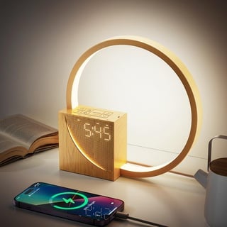 LED Nachttischlampe mit Wecker, USB Ladeanschlüssen Touch Dimmbar, Wake Up Light mit Zwei Alarmen, 10 natürlichen Klängen für Erwachsene&Kinder, 3 Stufige Helligkeit für Schlafzimmer Wohnzimmer Büro