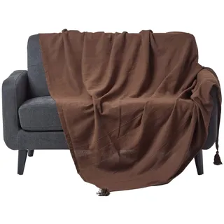 Homescapes Wohndecke Rajput braun – leichte Baumwolldecke 225x255 cm, Tagesdecke aus 100% Baumwolle, Sofaüberwurf handgewebt mit Streifenstruktur, Couch-Überwurf mit Quasten, Oeko-Tex