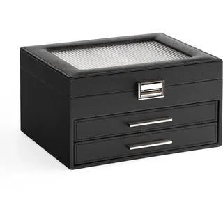 Meerveil Schmuckkasten, Kleine 3-Stöckige Schmuckschatulle, Halskettenplatte, Oberes Schaufenster, Mehrere Aufbewahrungsfächer, Armband-Organizer, PU-Leder Schwarz