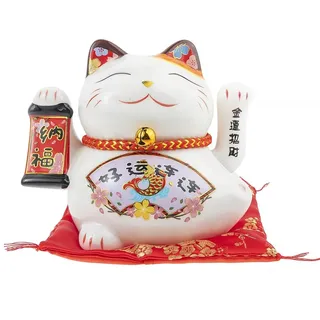 lachineuse - Figur Katze Maneki Neko – Symbol für Reichtum und Glück – beweglicher Arm – traditioneller japanischer Glücksbringer – 12 x 14 x 10 cm – weiß, Porzellan – funktioniert mit LR03-Batterie