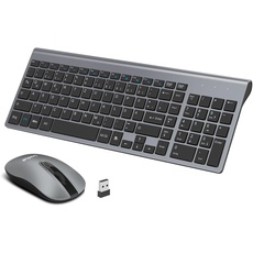 LeadsaiL Tastatur Maus Set Kabellos, 2,4 GHz USB-Empfänger Ultradünne Leise, Deutsch QWERTZ-Layout, 12 FN-Tasten Für Windows XP/7/8/10, PC, Laptop, Computer, Desktop - Grau