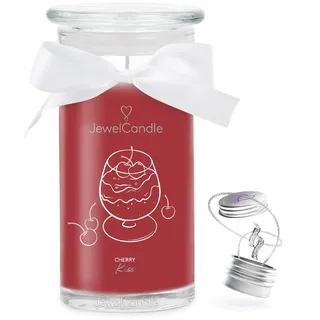 JuwelKerze Cherry Kiss Halskette Silber - Schmuckkerze 80 Std - große Duftkerze im Glas mit fruchtigem Duft - Kerze mit Schmuck - Geschenke für Frauen