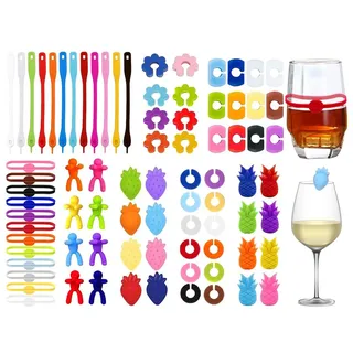 Hitopin 80 Stück Bunte Glas Markierung, Glasmarker Silikon, Weinglasmarkierer, Glas Kennzeichnung für Party Weinglas, Trinkglas (8 Formen)