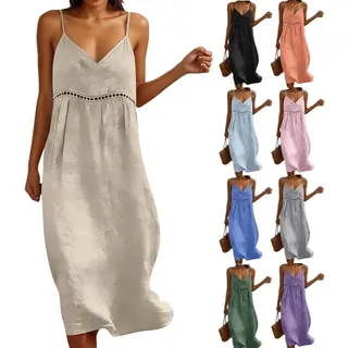 Neckholder Kleid Damen Sommer Maxi Kleid mit V-Ausschnitt Leichte Luftige Strandkleid Freizeitkleid Spaghetti Leinenkleid