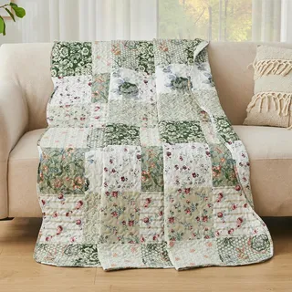 Qucover Patchwork Tagesdecke Patchworkdecke 150x200cm Grün, Leicht Bunt Tagesdecke Einzelbett Sofadecke, Decke Blumen Ultraschall genäht im Landhausstil