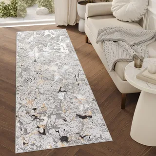 TAPISO Crystal Läufer Teppich Glänzend Hellgrau Gold Creme Marmoreffekt Abstrakt Wohnzimmer Schlafzimmer Flur Korridor Modern Design ÖKO-TEX 80 x 200 cm