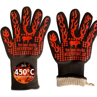 Feuerfeste Handschuhe BBQ - Grillhandschuhe by Beefstone - bis 450°C hitzebeständige, waschbare Ofenhandschuhe/Kochhandschuhe/Backhandschuhe aus Silikon/Deyan-Faser/Baumwolle 34cm, 1 Paar