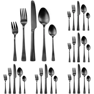 Targizer Besteckset 6 Personen,30-teiliges Schwarz Matt Besteck Set aus Hochwertiges Edelstahl,Schwarzes Besteck Essbesteck Set Mit Messer Gabel Löffel,Schwarzes Cutlery Set,Spülmaschinenfest