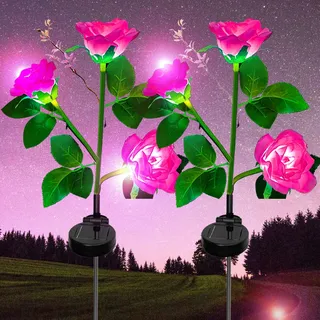 XVZ Solarleuchten Garten Deko, 2 Stück Außen Garten LED Rose Lampe mit größerer Blume und Breiterem Wasserdichte Solarpanel, Solar Blumen Gartenleuchte für Rasen Terrasse Weg Balkon Deko - Rosa