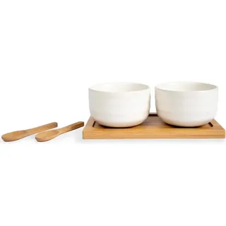 Sagaform Ellen Tapas-Set 2-teilig aus Steingut und Bambus in der Farbe Weiß-Braun, Maße: 17,5cm x 9cm x 6cm, 5018343