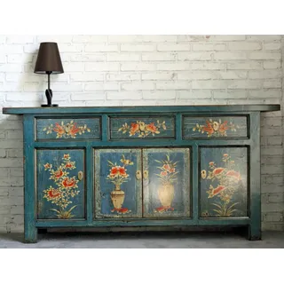 Chinesisches Sideboard blau Kommode Schrank Möbel asiatisch orientalisch chinesisch Büffet Anrichte Vintage Shabby Chic - Blau