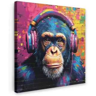 MuchoWow Leinwandbild Graffiti - Schimpanse - Straßenkunst - Kopfhörer - Affe 50x50 cm , Textil , Quadratisch , 50x50 cm , FSC 100% , gerahmt , Bilder & Rahmen, Bilder, Leinwandbilder