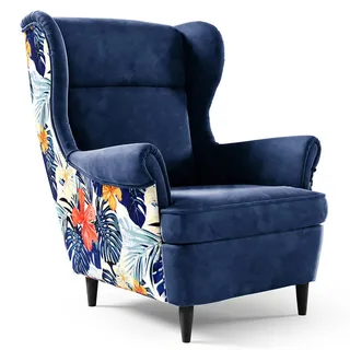 Beautysofa Ohrensessel Havana im skandinavischen Stil, Dunkelblau, mit Beinen in Wengefarbe , Holzwerkstoff , 82x102x92 cm , Wohnzimmer, Sessel, Ohrensessel