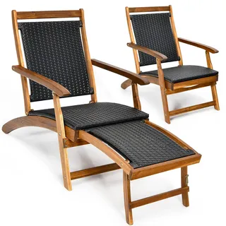 FANTASK 2 in 1 Sonnenliege, Klapptisch aus Polyrattan & Akazienholz mit ausziehbarer Fußteil, Gartenliege mit ausziehbarer Fußteil bis 160 kg belastbar, Balkonliege für Balkon, Garten, Terrasse