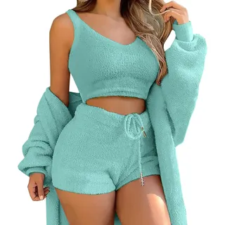 shownicer Schlafanzug Damen Mädchen Dreiteilig Ensembles de Pyjama Warm Coral Fleece Samt Nachtwäsche Kapuzenpullover Jacke Crop Tank Top und Hose 3 Stücke Sets