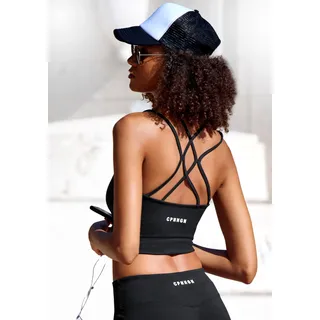 Crop-Top COPENHAGEN STUDIOS, Damen, Gr. L (44/46), schwarz, Obermaterial: 78% Polyester, 22% Elasthan, unifarben, figurbetont taillenlang, tiefer Rundhals, Tops Crop-Top, mit gekreuzten Trägern und herausnehmbaren Pads