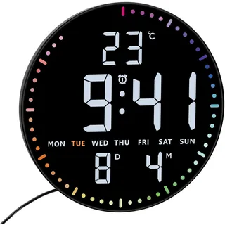 TFA Dostmann LED Wanduhr digital, 25,5 cm groß, 60.4002, Uhr mit Temperatur innen, Datum, Wochentag, Wecker mit Netzadapter, Kalenderanzeige, 12/24 H, 3 Helligkeitsstufen, weiße Ziffern, bunt, schwarz