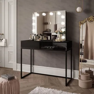 Schminktisch BLANCO LOFT ELITE mit Spiegel und Beleuchtung schwarz Hochglanz - Schwarz