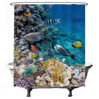Ulticool Duschvorhang – Koralle Meer Tauchen Aquarium - 180 x 200 cm - Waschbar - Anti Schimmel - mit 12 Ringen – Blau Orange