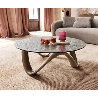 DELIFE Couchtisch Tanju 90x90 cm Metallic Gold mit Reliefglas Taupe - Gold