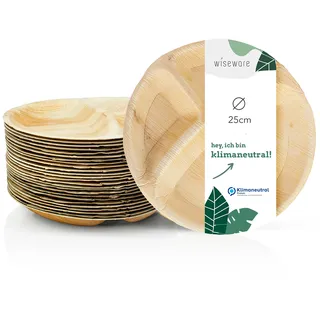 Wisefood Palmblatt Teller - 25 Stück Menüteller Drei-Geteilt Rund Ø 25 cm - Biologisch Abbaubares Einweg Palmblattgeschirr Mit 3 Kammern - Ideal als Speiseteller oder Partyteller