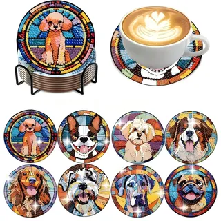 8 Stück Diamond Painting Untersetzer mit Halter - DIY Diamant Painting Set für Erwachsene & Kinder - Rund Mandala & Hund Motive Tassenuntersetzer