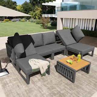 Merax Gartenmöbel Set 6 Personen, Verstellbare Loungesessel mit Doppelliege & Tisch, Polyrattan Gartenlounge mit Hochwertigen Kissen, Grau - Grau