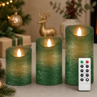 PinnWaa Led Kerzen Flammenlose Kerzenhalter [3 Stück], 10-Tasten Fernbedienung Timer, Flammenlose Kerzen, Realistisch Flackernde Batteriebetriebene Dekorations LED Stabkerzen - Grün