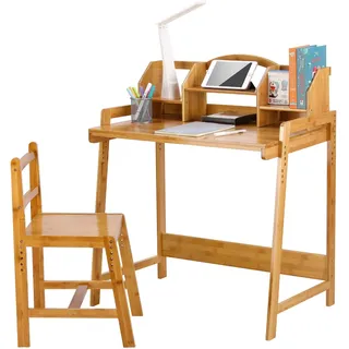 Clevich Kinder Schreibtisch Höhenverstellbar, Kinderschreibtisch mit Stuhl, Bambus Holz Schreibtisch mit Stauraum, Schülerschreibtisch mit Buchhalterung, Kinderschreibtisch für Kinderzimmer, Gelb