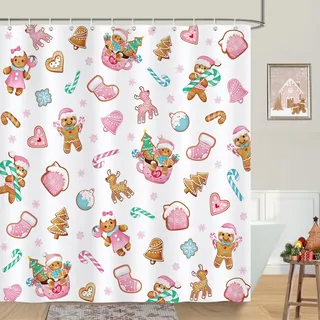 Bonhause Duschvorhang Weihnachten Lebkuchen Weihnachtsbaum Rosa Xmas Winter Duschvorhänge 180 x 180 cm Anti-Schimmel Wasserdicht Polyester Stoff Waschbar Bad Vorhäng für Badzimmer mit 12 Haken