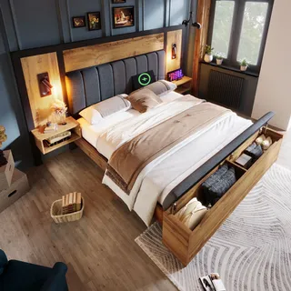 MODFU Doppelbett Holzbett 180×200cm mit Gepolstertes Kopfteil, Bettanlage mit Leselampe und USB C Nachttisch und Sitzbank mit Stauraum, Bettgestell mit Lattenrost, Eiche(Ohne Matratze) - Braun
