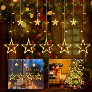 iShabao Lichterkette Sterne Strom 138 LED Weihnachtsbeleuchtung Fenster, 2.4x1m Lichtervorhang Fenster Weihnachten mit 12er Sterne, Lichterkette Innen mit Timer für Weihnachtsdeko (Warmweiß)