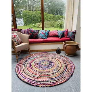 Second Nature Online - MISHRAN Großer Runder Geflochtener Teppich | Natürliche & Bunte Jute | Handgefertigt aus Recyceltem Material | Flache Flechtart | (Rechteckig: 150 cm Durchmesser)