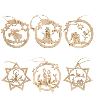 COM-FOUR com-four® 6X Tannenbaumschmuck Holz-Anhänger Set - Weihnachtsbaumschmuck zum Dekorieren - Christbaumschmuck sternförmig und im Kugel-Design