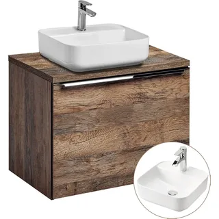 Badezimmermöbel Waschtisch-Unterschrank Set 60cm PUEBLA-56 Vintage Oak Eiche, 40cm Keramik-Waschbecken, 2 Softclose-Schubkästen, B/H/T 60,4/62,5/46 cm - Weiß