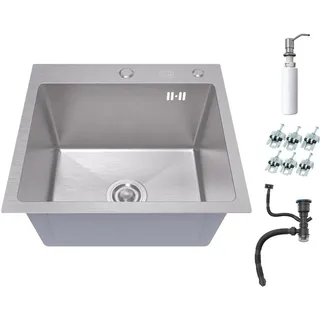 ANW HOME Spülbecken Küche 48x45 cm mit Siphon, Abtropfgestell & Seifenspender 350ml, Waschbecken Küche Edelstahl 304 mit 2 HahnLöcher