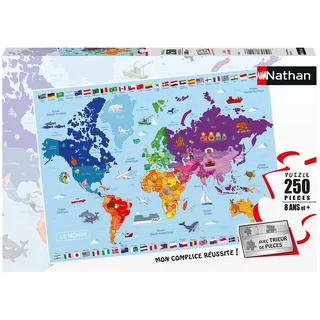 NATHAN - Kinderpuzzle - 250 Teile - Weltkarte - Mädchen oder Jungen ab 8 Jahren - Hochwertiges Puzzle - Dicker und haltbarer Karton - Kartografie - 86883