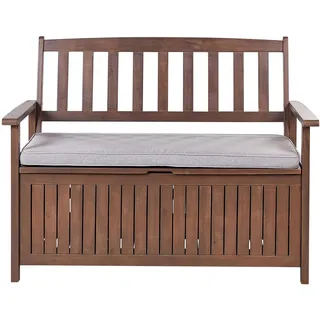 Beliani Gartenbank Akazienholz dunkelbraun mit Stauraum Auflage hellgrau Sovana 120 cm , Braun, Hellgrau , Holz , 120x91x60 cm , Gartenmöbel, Gartenbänke