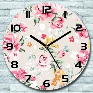 Wanduhr aus Glas Rund fi 30 Vintage Rosen Blüten Quarz Deko Wohnzimmer Büro - Rot