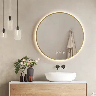 EMKE LED Badspiegel Rund 70 cm Badezimmerspiegel mit Beleuchtung Wandspiegel mit Touchschalter, Beschlagfrei, Uhr und Dimmbar - Gold