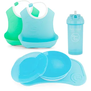 Twistshake Babygeschirr-Set - 5 Teilig | 1x Baby-Silikon-Tischset - 1x Kinderteller - 2x Lätzchen - 1x Strohhalmbecher | Baby-Fütterungsset | Geschirr für die Entwöhnung | 6+ Monate | Blau