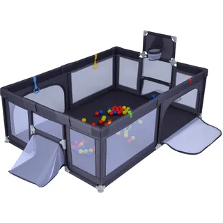 FANTASK Baby Playpen, 207 x 145cm, Laufgitter Faltbar mit Basketballkorb & Fußballnetzen, Laufstall mit Tragetasche, 50 Spielbällen & Griffen, Krabbelgitter mit atmungsaktivem Netz (Dunkelgrau)