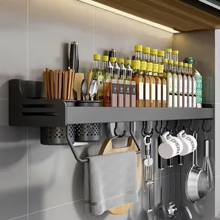 Gewürzregal Hängend Wand Organizer Schwarz 40cm - Bohrfreie Montage - 2 Installationsmethoden - Modernes Design - Hochwertiges Aluminium