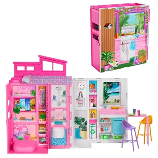 Barbie Barbie-Puppenhaus Spielset, Ferienhaus mit 4 Spielbereichen, darunter Küche, Badezimmer, Schlafzimmer und Lounge, 11 Deko-Zubehörteile, HRJ76