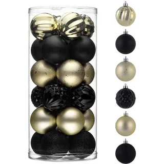 Unyqoos® 24er-Set schwarz-goldene Weihnachtskugeln für Weihnachtsbaum – bruchsicheres Kunststoff, handbemalt, mit Aufhängern in Geschenkverpackung - Schwarz, Gold