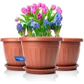 BigDean 3X Blumentopf mit Untersetzer rund ø33xH25 cm Terracotta | wetterfester Pflanzkübel - Wasserablauf UV-beständig - aus bruchsicherem Kunststoff - Innen + Außen geeignet - Made in Europe