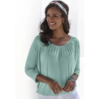 3/4-Arm-Shirt LASCANA "mit zarter Raffung am Ausschnitt", Damen, Gr. 40/42, grün (mint), Jersey, Obermaterial: 95% Viskose (LENZINGTM ECOVEROTM), 5% Elasthan, unifarben, Basic, figurumspielend normal, V-Ausschnitt, angeschnitten Umschlagsaum, Shirts 3/4-Arm-Shirt, aus weichem Viskose-Stretch, Topseller