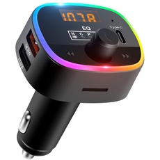 ELZO Bluetooth FM Transmitter für Auto, 5.0 Bluetooth Auto Adapter mit 7 Farben LED Licht & QC3.0 Schnellladung, Freisprecheinrichtung Autoradio Bluetooth Sender Unterstützung MP3 Player, Schwarz