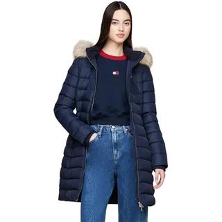 Tommy Jeans Damen Daunenmantel ESSENTIAL HOODED DOWN Coat mit Fellimitat, Logostickerei blau (Dark Night Navy), XS